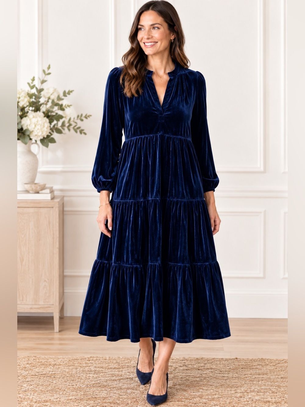 Madison Mathews Velvet Midi Dress Blue Size M Holiday Christmas Tiered